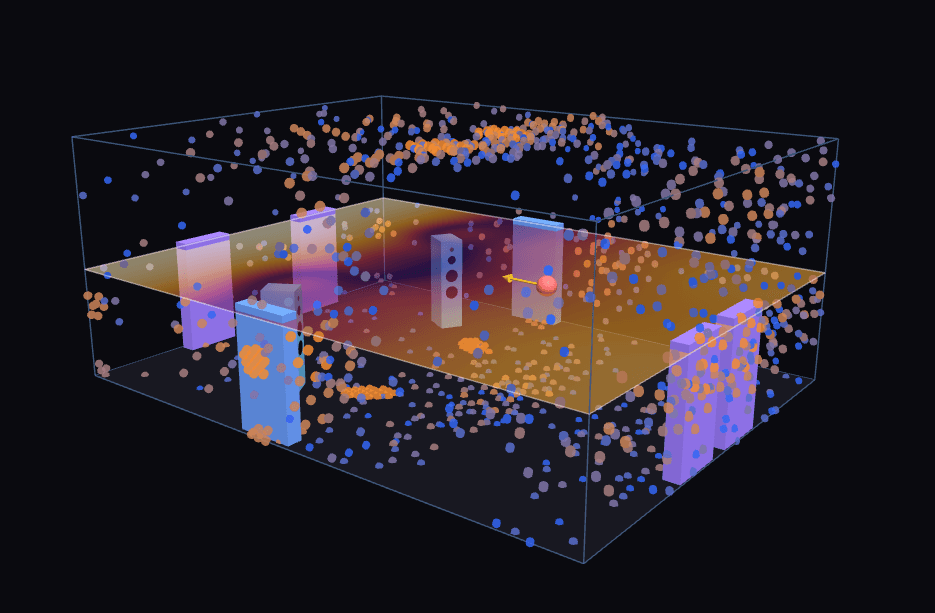 A room solved in roomtreatment.diy: its modelled sound field shown as a point cloud, with treatment panels, speakers and the listening position placed.
