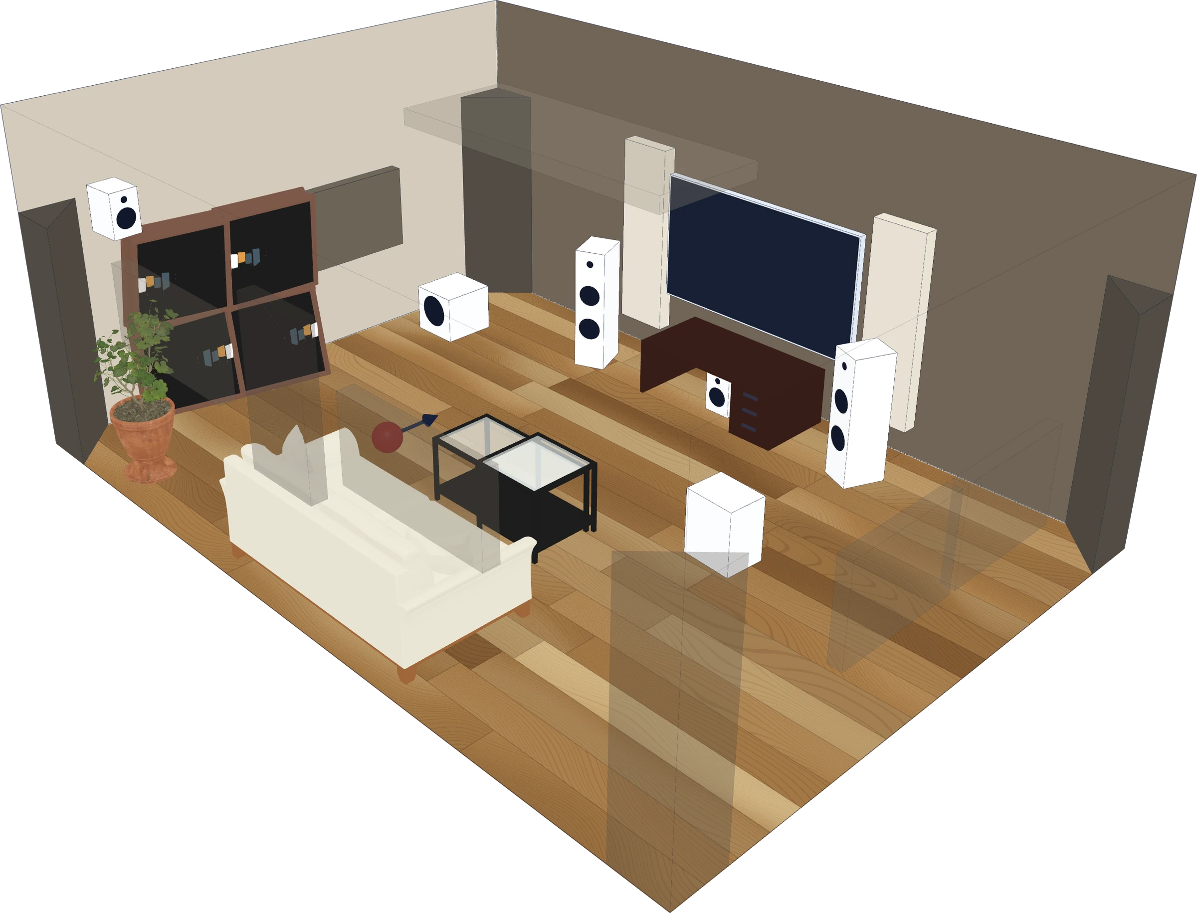 A home theater designed in roomtreatment.diy: tower, center and surround speakers, a subwoofer, the screen, a sofa, and acoustic panels on the walls.